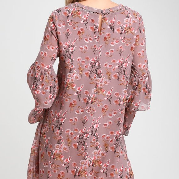 Day Date Mauve Floral Print Tiered Flounce Sleeve Mini Dress - Picture 4 of 12